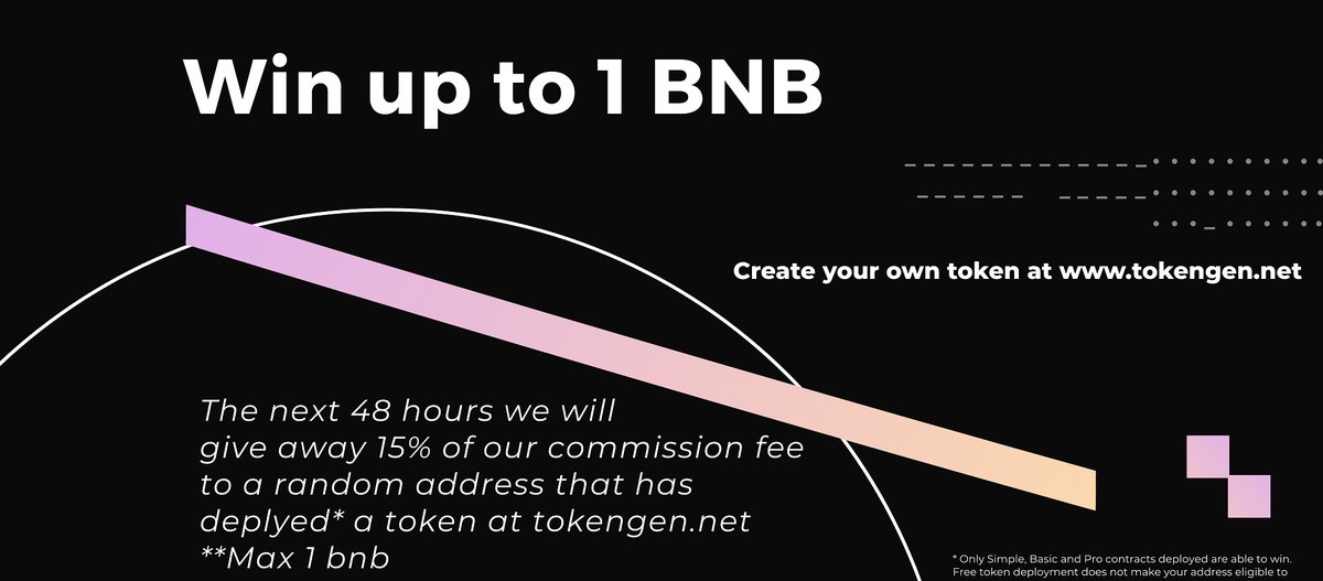 Tokengennet's tweet photo. 🎉GIVEAWAY TIME 🎉

For the next 48 hours, 15% of our commission fees will be given to a random address that deploys a token with us!

You can win up to 1 BNB - All depending on how many contracts we deploy for the next 48 hours!

Create YOU token today at https://t.co/yBAQ39n9IH https://t.co/SnjMUuiRIi