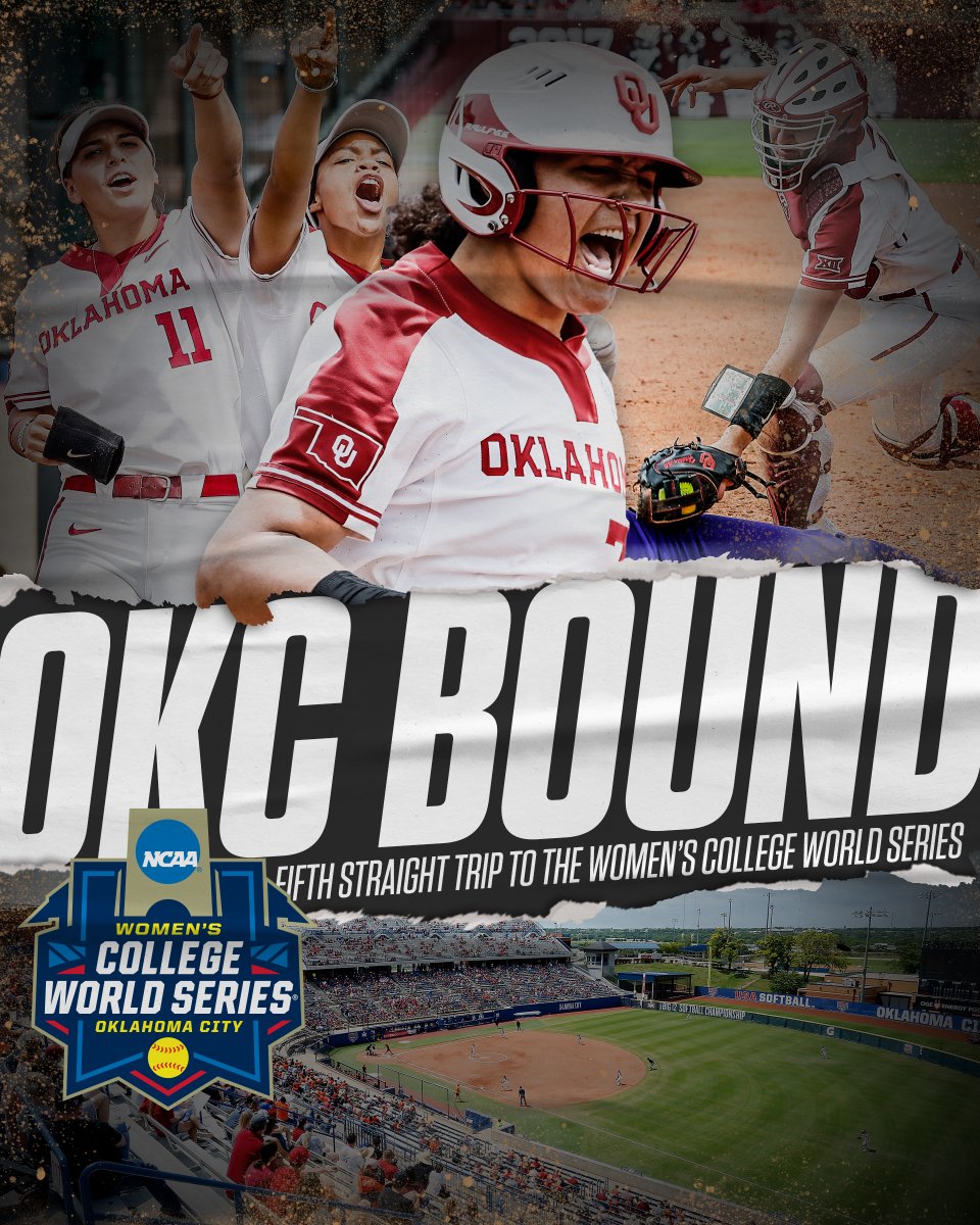 OU_Softball's tweet photo. 💥 𝐁𝐀𝐂𝐊 𝐓𝐎 𝐎𝐊𝐂 💥

#Sooners advance to their 5️⃣th straight and 1️⃣4️⃣th overall Women's College World Series! 

#ChampionshipMindset | #RoadtoWCWS https://t.co/T9zvio2TLK