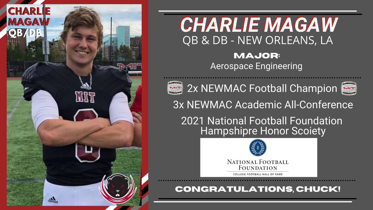 Senior Defensive Back Charlie Magaw from New Orleans, LA is a 3X NEWMAC Academic All-Conference performer. 📚This Aerospace Engineer is weighing multiple offers for after graduation! 🚀🛸 Congratulations Chuck! #RollTech🦫🏈🎓
