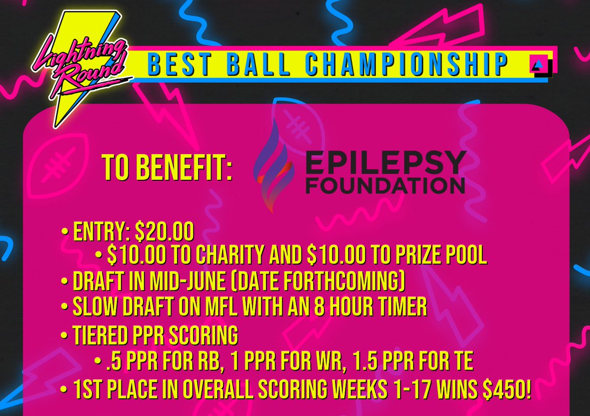 We're starting to fill up the @LRFantasy Best Ball Championship! It'll be hosted on @MyFantasyLeague & you can find the details below! @EpilepsyFdn provides community services, outreach, and tools to those living with epilepsy, like myself. REGISTRATION: forms.gle/SA2FyJ8MYhXeBy…
