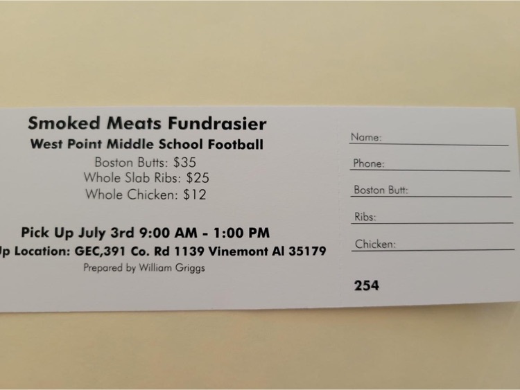 WestPointMiddle's tweet image. West Point middle school football players will be selling Boston Butts, ribs, and whole chicken cooked by William Griggs. Thank you for helping support our program!!