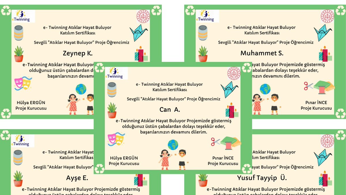 Pınar Buzakçı Korgan İlkokulu 4/D Sınıfı 
Projemizde öğrencilerimiz neler neler yaptılar.. Kumbaralar ,saksılar, origamiler, kuklalar, mumluklar, bez bebekler... Hepinize bu emekleri için çok teşekkür ederim yavrularım. Doğamız sizin sayenizde şuan çok mutlu:)
