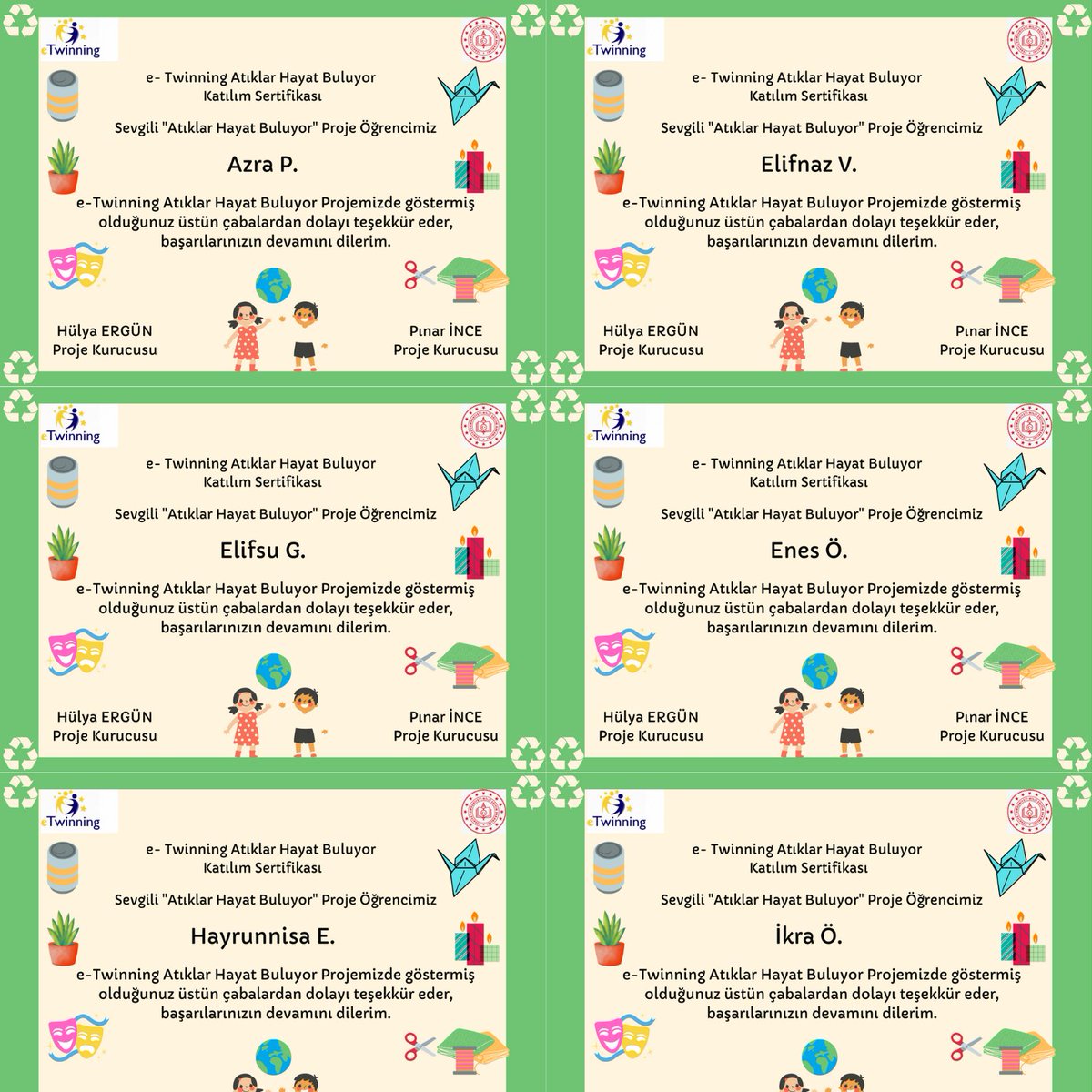 Fatih Buzakçı Aşağıdamlalı Şehit Zekeriya Yatı İlkokulu 2/C Sınıfı 
Sevgili öğrencilerim bu sene beraber çok güzel etkinlikler yaptık. Bu pandemi sürecinde çok çalıştınız çok emek harcadınız. Projemiz size ve doğaya nefes aldırmıştır:) Sizlere çok teşekkür ediyorum:)