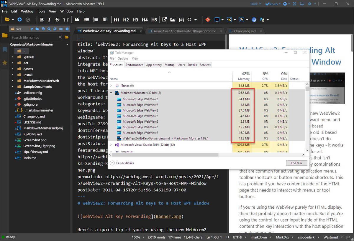 RickStrahl's tweet image. Whoa this is nice - it looks like the @Edge and #WebView2 teams have been working on getting memory usage of the hosted controls down significantly. 

When I started looking at this (and just with Previewer) this was running closer to 400megs!