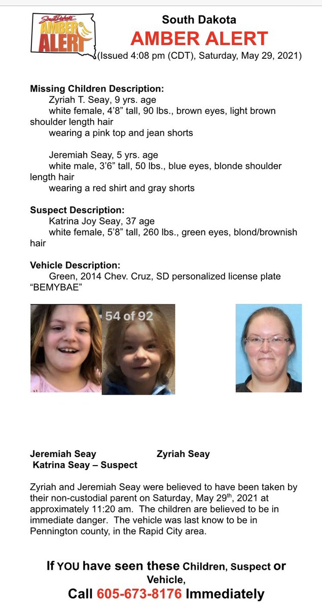 SDPBNews's tweet photo. Amber Alert! These children are believed to be in danger https://t.co/MivmNumGvf