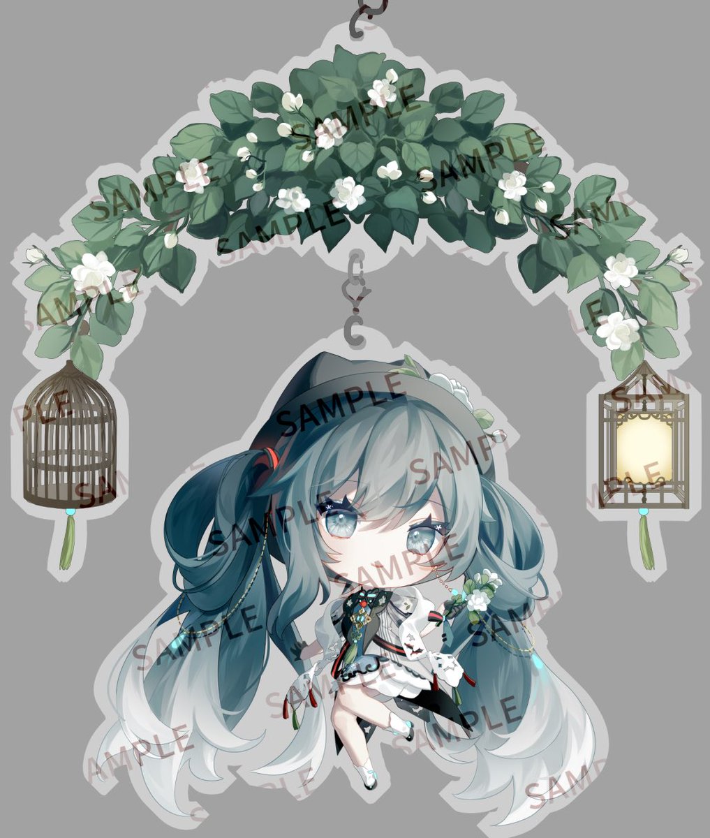 hatsune miku cage 1girl chibi birdcage white flower solo flower  illustration images