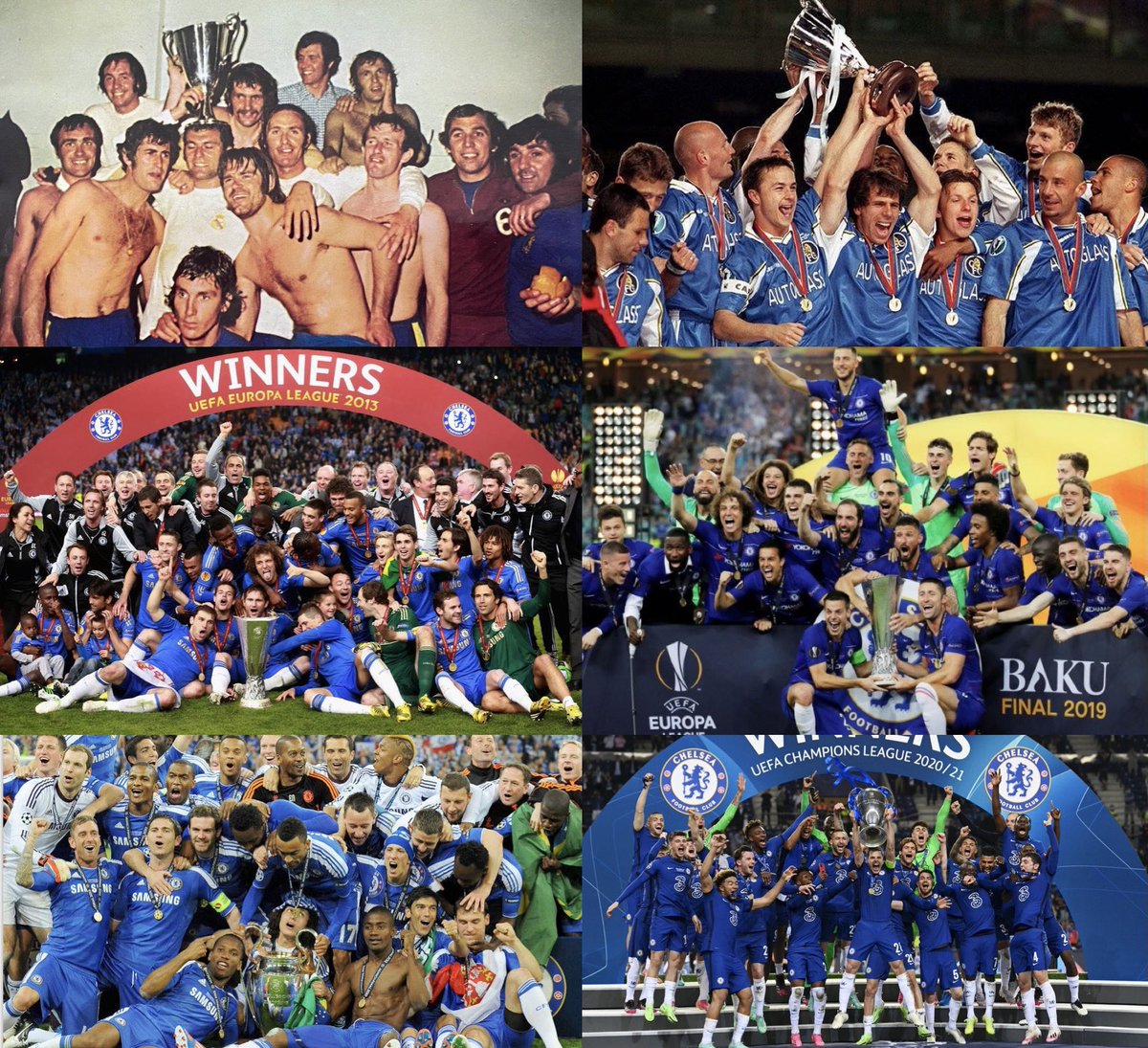 Chelsea are the first team in football history to win all 3 major European trophies twice.

🇬🇷 🏆 Athens ‘71 
🇸🇪 🏆 Stockholm ‘98

🇳🇱 🏆 Amsterdam ‘13
🇦🇿 🏆 Baku ‘19

🇩🇪 🏆 Munich ‘12
🇵🇹 🏆 Porto ‘21

#ECWC #UEL #UCL 

#KingsOfEurope 🏴󠁧󠁢󠁥󠁮󠁧󠁿