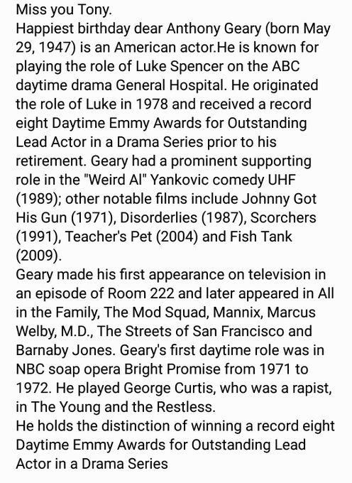 Gaurisankhe2's tweet photo. Happiest birthday dear #AnthonyGeary American actor known role of #Lukespencer #ABC #daytime drama #GeneralHospital originated role in 1978,received a record 8 #DaytimeEmmys Award 4 Outstanding Lead Actor in a Drama Series #youngandtherestless #brightpromise
#TonyGeary
Gauri❣️🎂 https://t.co/dPVct1aM4Q