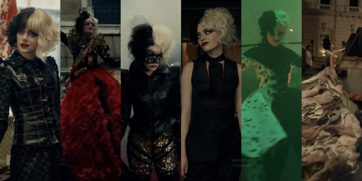 infamousmargot's tweet photo. the evolution of #cruella’s costumes, designed by jenny beavan https://t.co/qCOm8cBYp7
