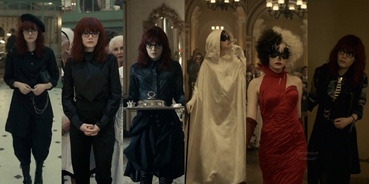 infamousmargot's tweet photo. the evolution of #cruella’s costumes, designed by jenny beavan https://t.co/qCOm8cBYp7