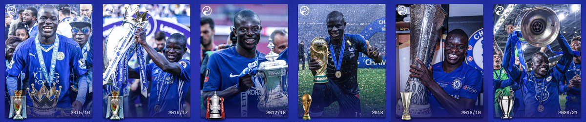 2013: Championnat National
2014: Ligue 2
2015: Ligue 1
2016: Premier League champion
2017: Premier League champion
2018: FA Cup winner
2018: World Cup winner
2019: Europa League winner
2021: Champions League winner

N'Golo Kanté really is everywhere.