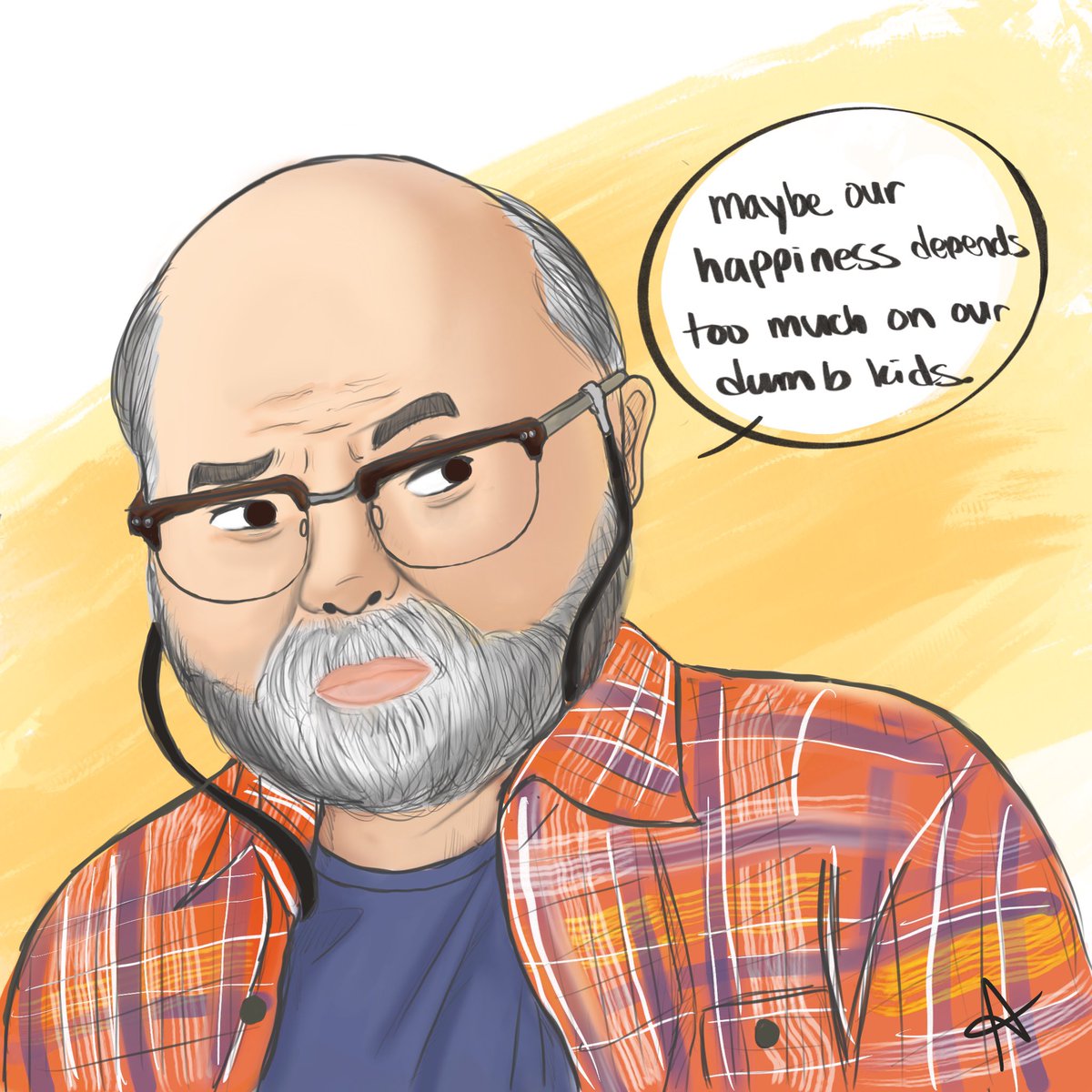 somethingally's tweet photo. “Maybe our happiness depends too much on our dumb kids” - Mr. Kim from Kim’s Convenience. 
.
.
.
#paulsunhyunglee #appa #doodle #procreate #art #kimsconvenience https://t.co/j0PUBwSFDA