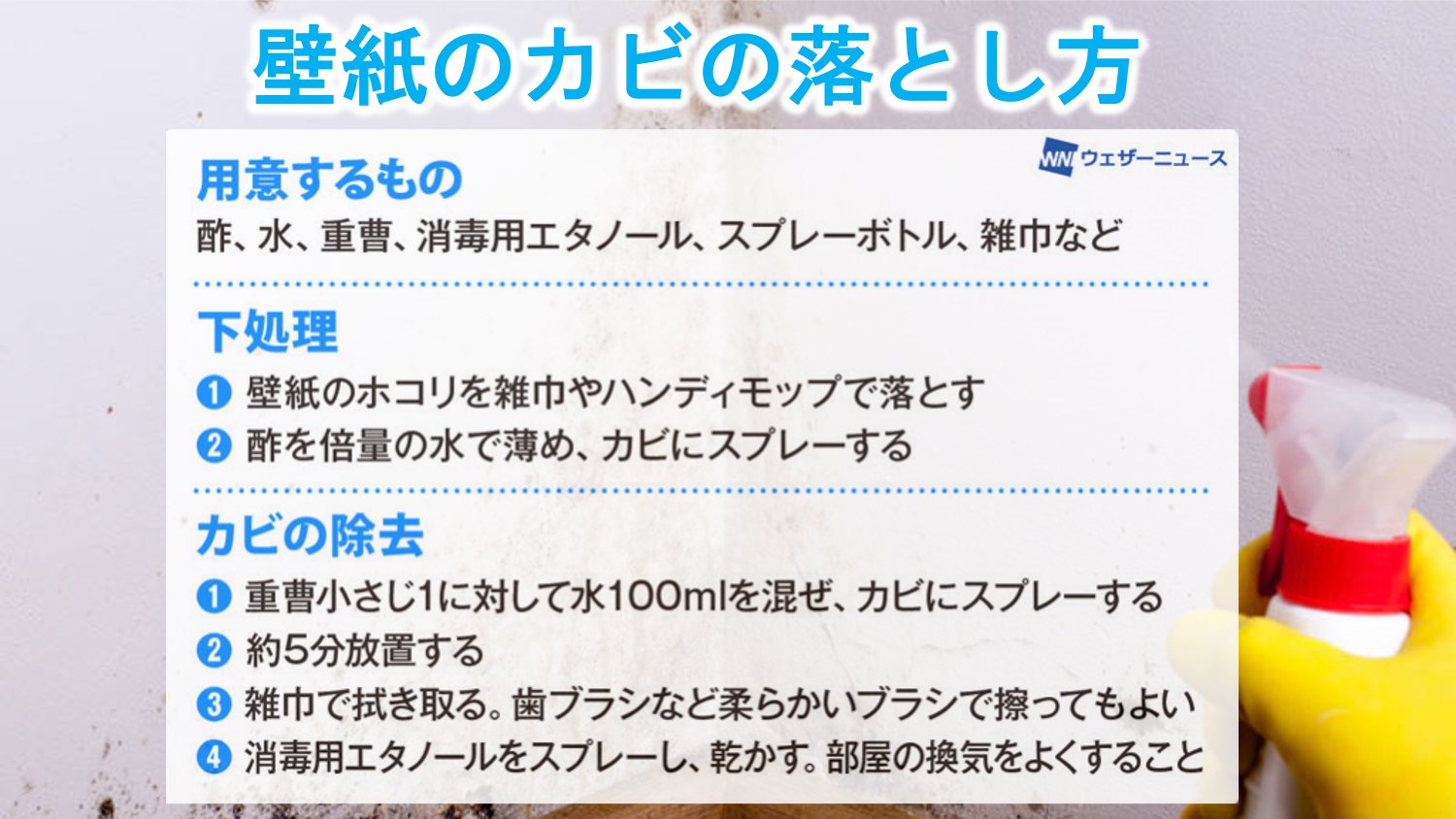 ウェザーニュース V Twitter ジメジメした梅雨はカビが気になります なかでも処理をためらってしまうのが 壁紙に生えたカビ 全国で家事代行サービスなどを展開するカジタク サプライヤチームの鈴木健吾さんに 壁紙のカビの落とし方を教えていただきました ウェザーニュース V Twitter ジメジメした梅雨はカビが気になります なかでも処理をためらってしまうのが 壁紙に生えたカビ 全国で家事代行サービスなどを展開するカジタク サプライヤチームの鈴木健吾さんに 壁紙のカビの落とし方を教えていただきました