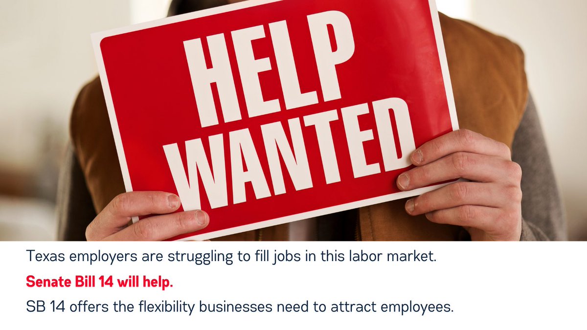ASSETtexas's tweet photo. Businesses are struggling to fill jobs, but Senate Bill 14 will help by giving private-sector employers flexibility to meet their unique needs. Legislators can provide vital help for the Texas economy by sending this bill to Gov. Abbott. #txlege https://t.co/0nlu2TpEN3
