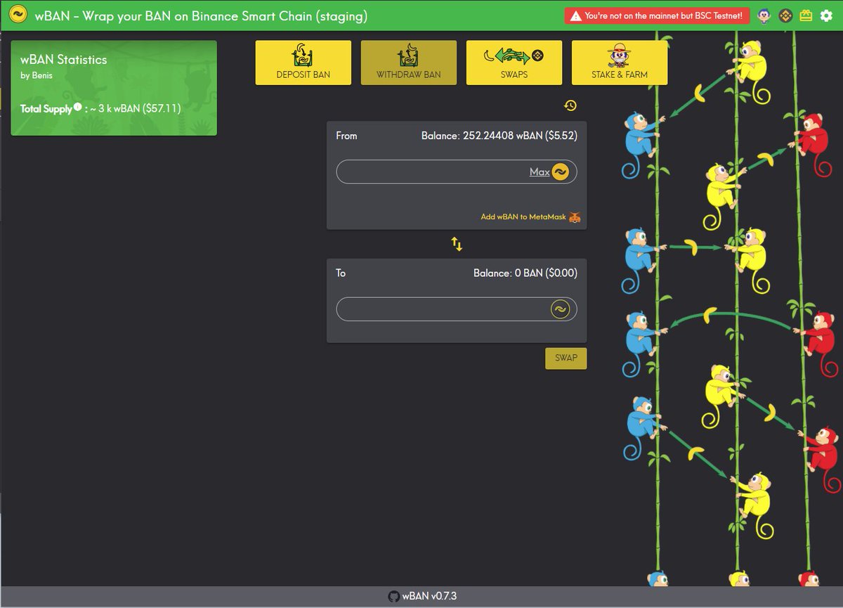BananceExchange's tweet photo. Just finished another test session with #wBAN on the #bsc test-net.

@wrapZEpotassium made the whole process very enjoyable, educational and rewarding. 

Can't wait for wrapped $BANANO main-net release!

$BAN $BANANO #wBAN #BinanceSmartChain #wenWBAN #soonTM https://t.co/MRJWuHds1v