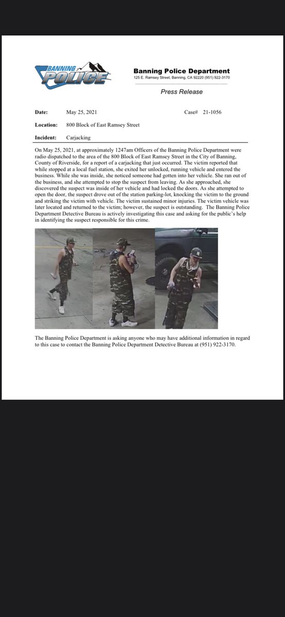 BanningPolice's tweet photo. Please see the attached Press Release regarding an incident that occurred in the City of Banning. https://t.co/UiBvs5ucYY