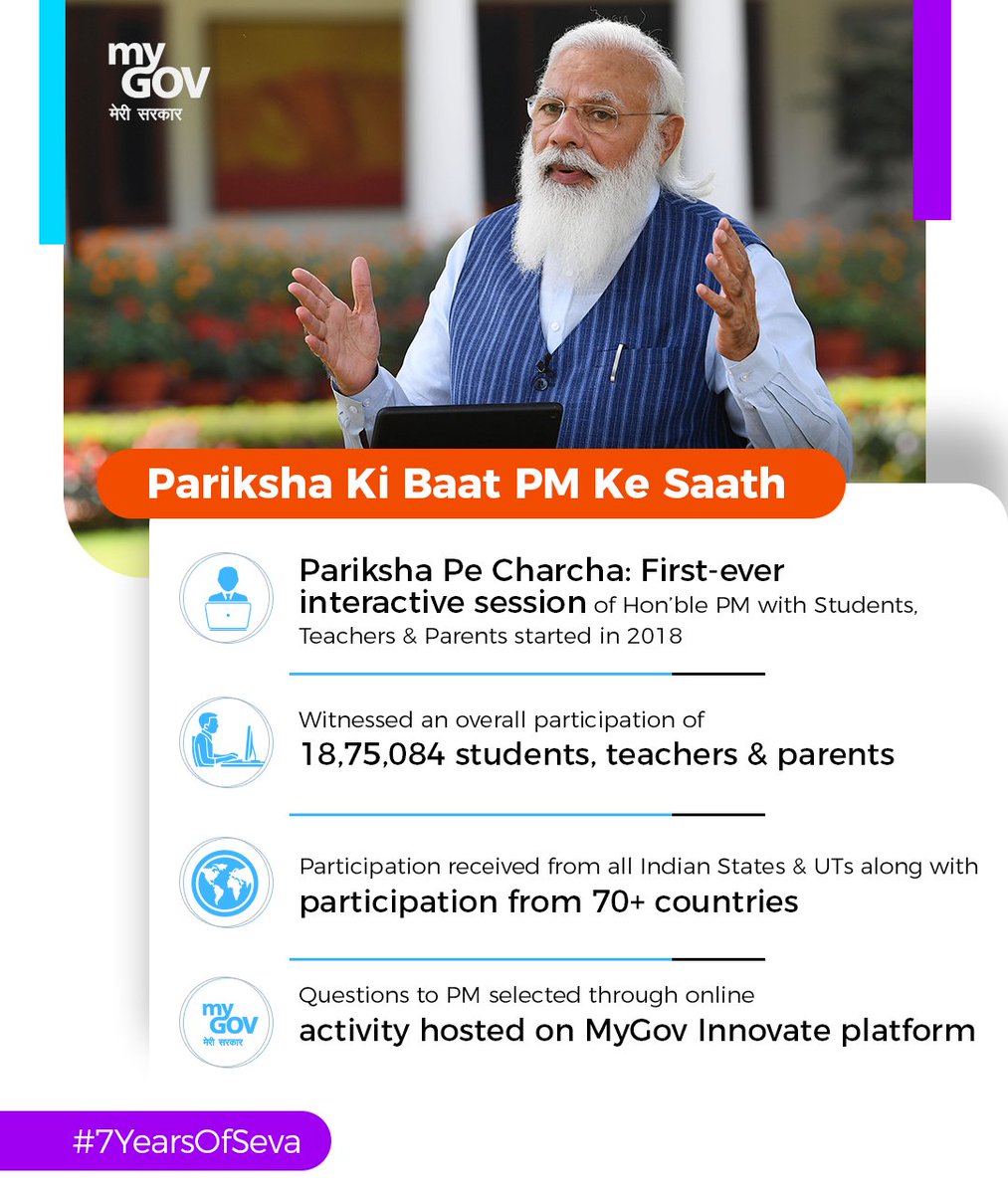 EduMinOfIndia's tweet photo. Pariksha Pe Charcha is a much-loved and much-awaited annual feature, where the PM @narendramodi interacts with #ExamWarriors students, teachers, and parents. 

Know more, visit: 
https://t.co/4tSEWKf2B0  

#7YearsOfSeva https://t.co/90LmVG1N8l