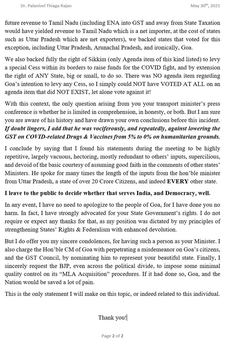 Dr P Thiaga Rajan (PTR) (@ptrmadurai) on Twitter photo As a relatively new entrant to public life, I hope I will one day attain the dignified restraint shown by <a href="/DrAmitMitra/">Dr Amit Mitra</a>, <a href="/MSBADAL/">Manpreet Singh Badal</a>, and many other Hon'ble Ministers of the GST Council in the face of provocation
But today....I can not let blatant lies and hypocrisy go unanswered As a relatively new entrant to public life, I hope I will one day attain the dignified restraint shown by <a href="/DrAmitMitra/">Dr Amit Mitra</a>, <a href="/MSBADAL/">Manpreet Singh Badal</a>, and many other Hon'ble Ministers of the GST Council in the face of provocation
But today....I can not let blatant lies and hypocrisy go unanswered