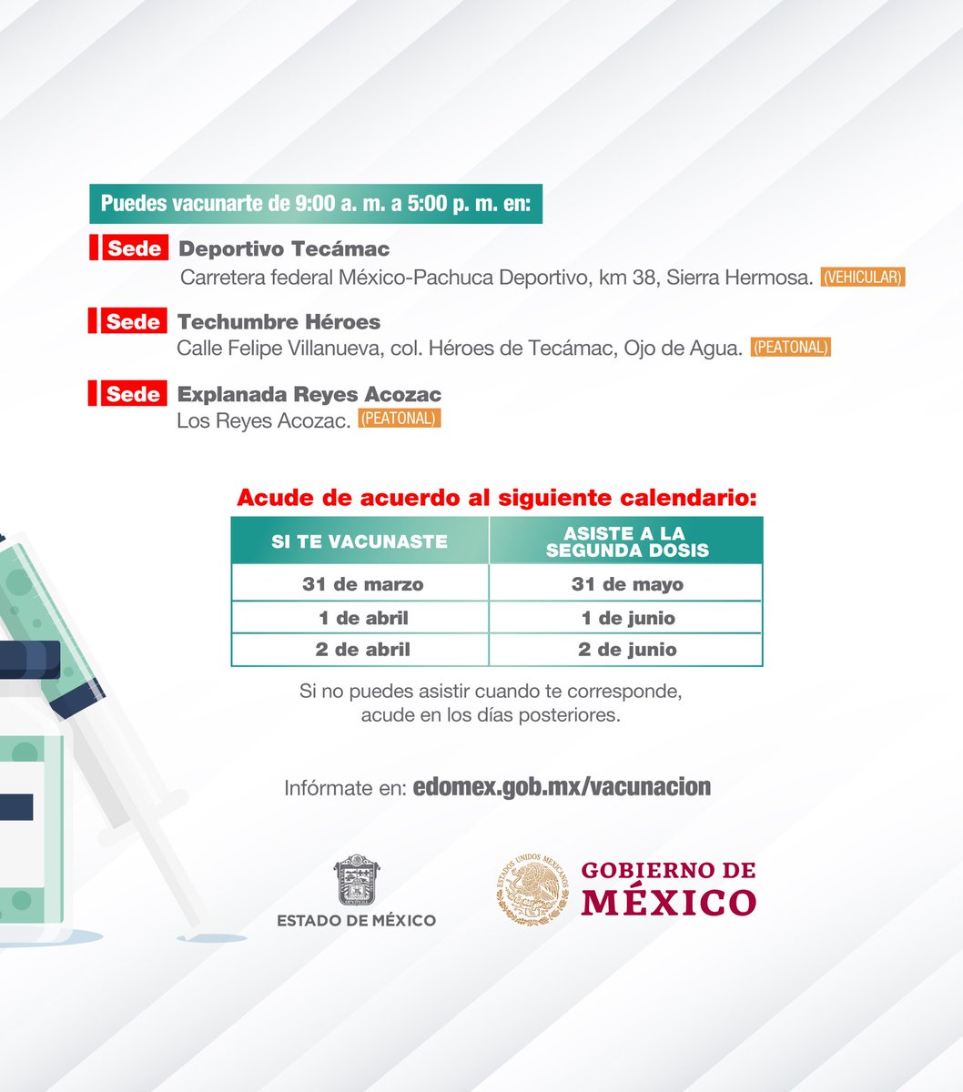 alfredodelmazo's tweet photo. Del 31 de mayo al 2 de junio estaremos aplicando la segunda dosis a los adultos mayores de 60 años en adelante en #Tecámac. #EstrategiaDeVacunación https://t.co/PPTm4hXqpa