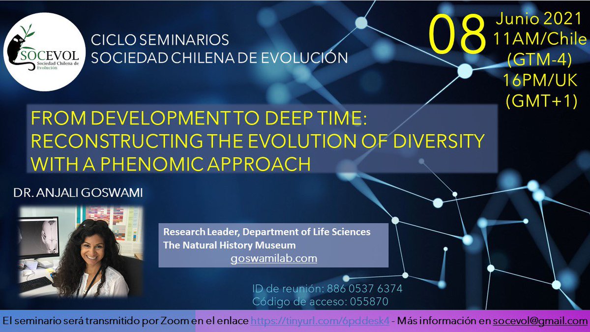 HugoBenitezd's tweet image. An amazing opportunity still is to early but the 8th of June the Chilean Society of Evolutionary Biology @evol_soc will have a terrific talk of the Dr. Anjali Goswami @anjgoswami from the Natural History Museum London!! Please RT  and spread the word #evolution #morphometrics