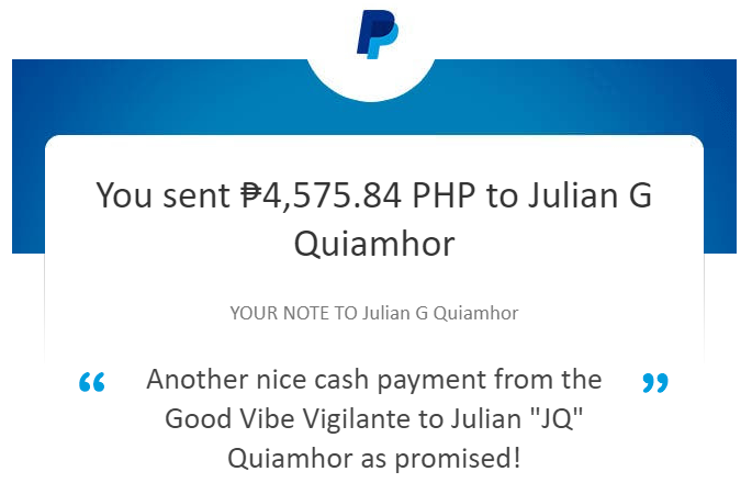 whoisgvv's tweet photo. 😎 From @whoisgvv to Julian Quiamhor, here is another nice cash payment on top of all the other one's already paid to you. But don't forget "JQ", you still have more to come, even after this one right here! #theGVV #GoodVibeVigilante  #CashGiveaway #MoneyGiveaway 💵💰💯 https://t.co/xe27T2YoWj