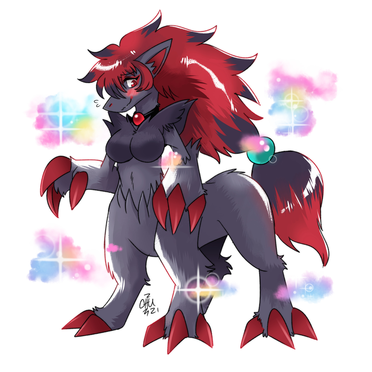 An illustration of a female Zoroark, the Pokemon, with four legs like a cen...