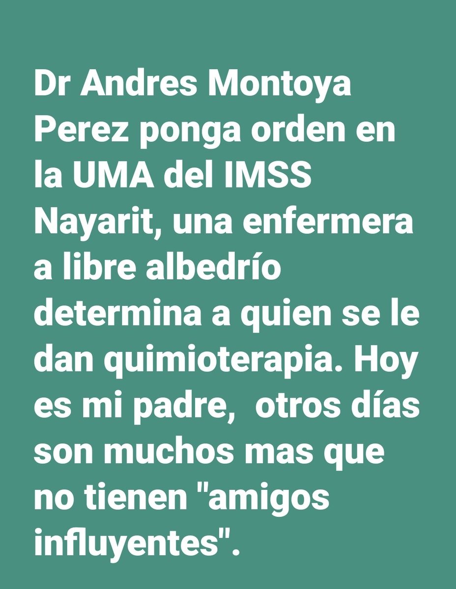 A seguir esperando que el <a href="/Tu_IMSS/">IMSS </a> se ponga las pilas. Seguimos sin tratamiento de quimioterapia <a href="/AristeguiOnline/">Aristegui Noticias</a> <a href="/lopezdoriga/">Joaquín López-Dóriga</a> <a href="/brozoxmiswebs/">brozo xmiswebs</a> <a href="/julioastillero/">Julio Astillero</a> <a href="/HLGatell/">Hugo López-Gatell Ramírez</a> <a href="/SSalud_mx/">SALUD México</a>  <a href="/RicardoAlemanMx/">Ricardo Alemán</a>