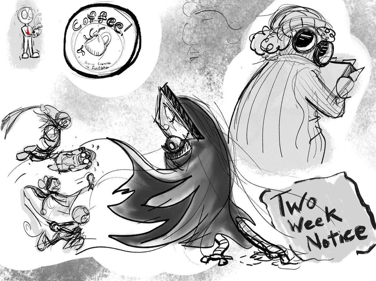 ThMadCartoonist's tweet image. It has been a phat minute since I&apos;ve drawn these character but I developed these guys working a desk job.

 Started off as a story about an office worker fighting through to get a promotion... then eventually evolved into a story of escape. Hence the name. #TwoWeekNotice