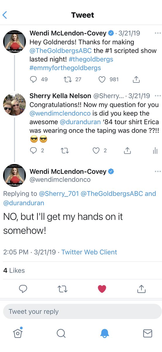 Sherry_701's tweet photo. @leonardo_zardi @duranduran As soon as the episode aired I had to ask/tweet Wendi (who plays the mom and fellow Duranie 😊) about the t-shirt.. And this was her response 😉😉😊😊 https://t.co/MdO7yoqwiu