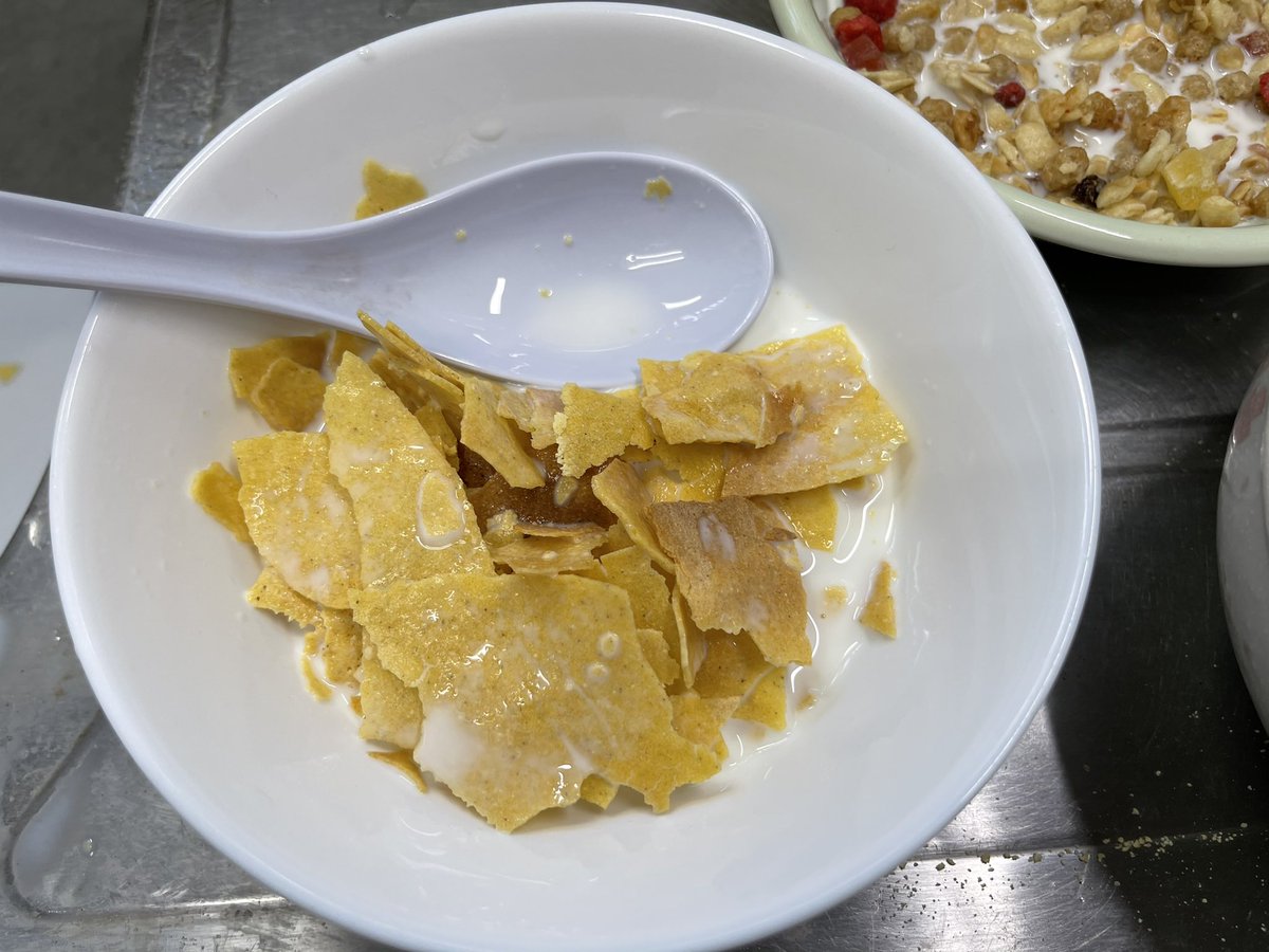 みなせ 今年はカミツキガメ取りに行けない 普通のコーンフレーク 牛乳を入れると美味い フレーク上の糖分が牛乳に溶けて すごく美味しくなりますね フレークは 比較的分厚く また気泡が入っているので 牛乳の含浸を遅らせて 長くサクサクした食