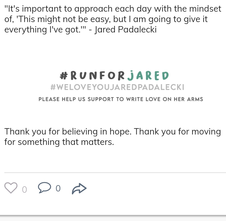 thetraincars's tweet photo. Last post before the end of the campaign so again, THANK YOU! 🙏 The #RunForJared campaign has raised $2300+ for @TWLOHA in honor of @jarpad. 💛 Thank y'all for continuing to spread positivity regarding mental health and for supporting a great cause. #WeLoveYouJaredPadalecki https://t.co/xfDzvsBn3T