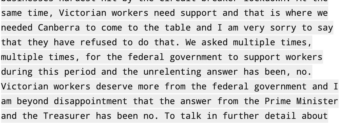 JoshButler's tweet photo. 🚨VIC acting premier James Merlino absolutely *unloading* on the fed govt not giving lockdown support:

"I am very sorry to say they have refused... the unrelenting answer has been no... I am beyond disappointed that the answer from the Prime Minister &amp; the Treasurer has been no" https://t.co/Rh9d6Jdbne