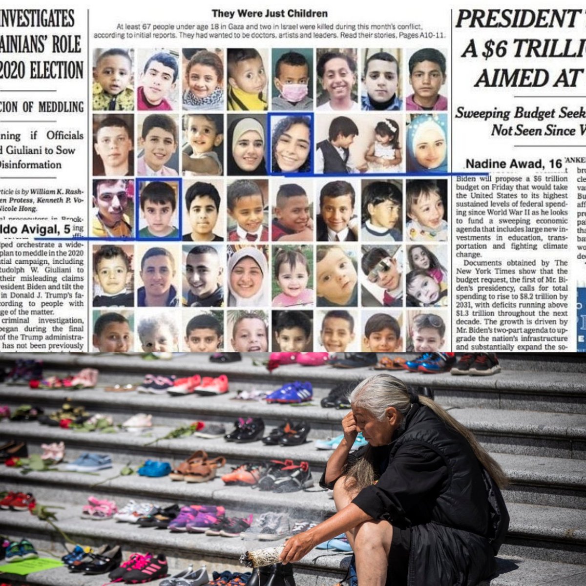 Harsha Walia Top Pic Nyt Cover On 87 Palestinian Children Murdered By Israeli Apartheid State Bottom Pic Elder Veronica Butler On Steps Of Vancouver Art Gallery Mourning 215 Indigenous Children