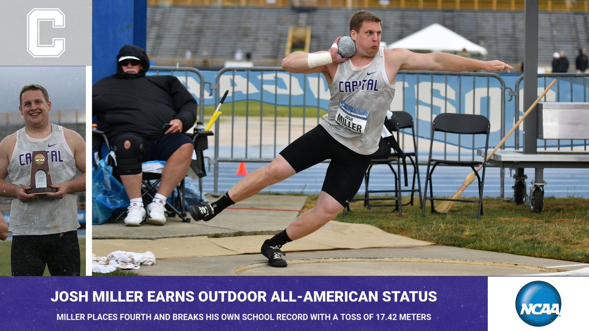 cap_athletics's tweet photo. M🎽: Earlier today, Josh Miller placed fourth in the shot put at Nationals, earning All-American status! He also improved his own school record in the event with a toss of 17.42 meters! #capfam #captrack 

Full Recap: https://t.co/bsas5nDxNs https://t.co/FzJdJ3ibyQ