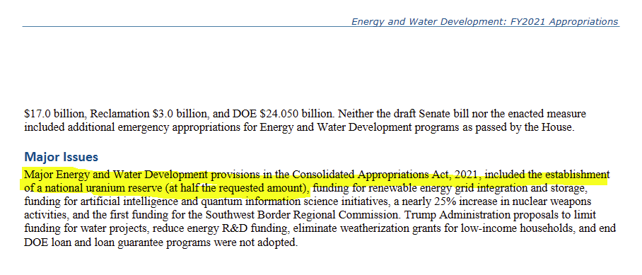 quakes99's tweet photo. Contrary to Friday's news reports, reading thru Biden's @Energy Department Budget Proposals on pg 384 it states that "$75,000,000 shall be available for the #Uranium Reserve Program" and references the Energy and Water Development and Related Agencies Appropriations Act, 2021.👇 https://t.co/95sGAdYHXH