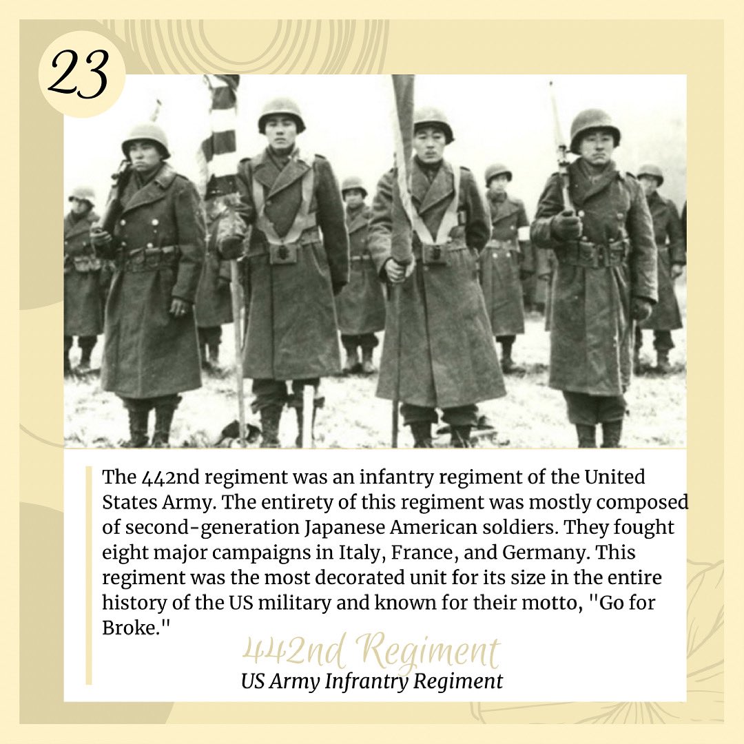 May 23rd: Today we are featuring the 442nd regiment which was the most decorated US infantry regiment for its size. The unit consisted of a majority second-generation Japanese American soldiers. This unit was had earned nearly 9,500 Purple Hearts and 21 Medals of Honor. #AAPIHM