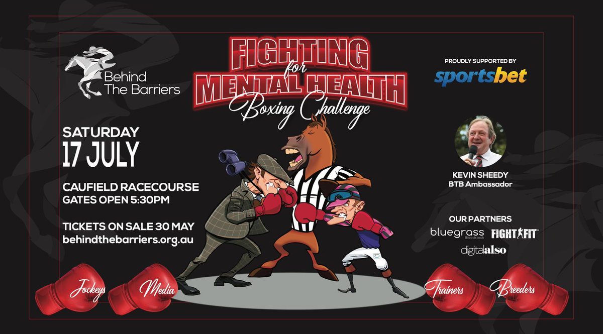 Leonard Russo (@lenny_bluegrass) on Twitter photo BTB boxing for Mental Health July 17th Caulfield Racecourse tickets can be purchased online from today click on link behindthebarriers.org.au
Early bird tickets $60 purchased before June 30th then $80 after June 30th
<a href="/Racing/">Racing.com</a> <a href="/sportsbetcomau/">Sportsbet</a> <a href="/MelbRacingClub/">Melbourne Racing Club</a> <a href="/livethedreamnow/">Dream Thoroughbreds</a> BTB boxing for Mental Health July 17th Caulfield Racecourse tickets can be purchased online from today click on link behindthebarriers.org.au
Early bird tickets $60 purchased before June 30th then $80 after June 30th
<a href="/Racing/">Racing.com</a> <a href="/sportsbetcomau/">Sportsbet</a> <a href="/MelbRacingClub/">Melbourne Racing Club</a> <a href="/livethedreamnow/">Dream Thoroughbreds</a>