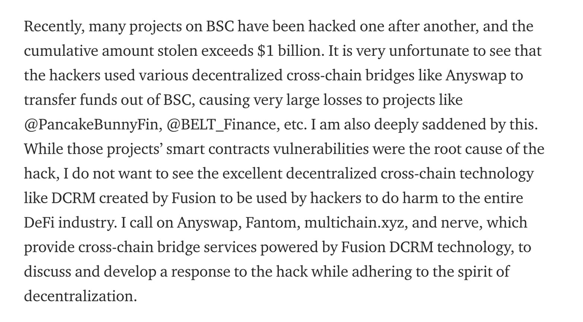 djqianfusion's tweet photo. Isn't 1 billion USD loss enought? 
Time to stop the cyber crime together!
@PancakeBunnyFin @BELT_Finance @news_of_bsc @binance @FUSIONProtocol @FantomFDN @AnyswapNetwork @multichainxyz @NerveFinance
@AndreCronjeTech @zhaojun_sh 
#DCRM #Crosschainbridge https://t.co/mRoRH85sla