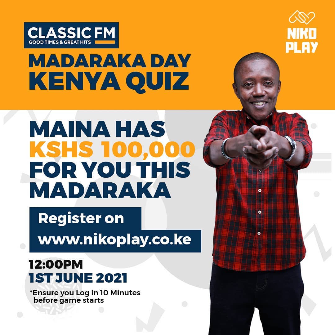 MpashoNews's tweet photo. What's your plan this Madaraka Day? And just how well do you know Kenya?

@ItsMainaKageni has Ksh.100,000 for you on Tuesday 1st at 12pm!

All you need to do is pre-register for the @Classic105Kenya  Madaraka Day Quiz on https://t.co/Rb1SUx96q9

#NikoPlay https://t.co/ILkWC8I6dG