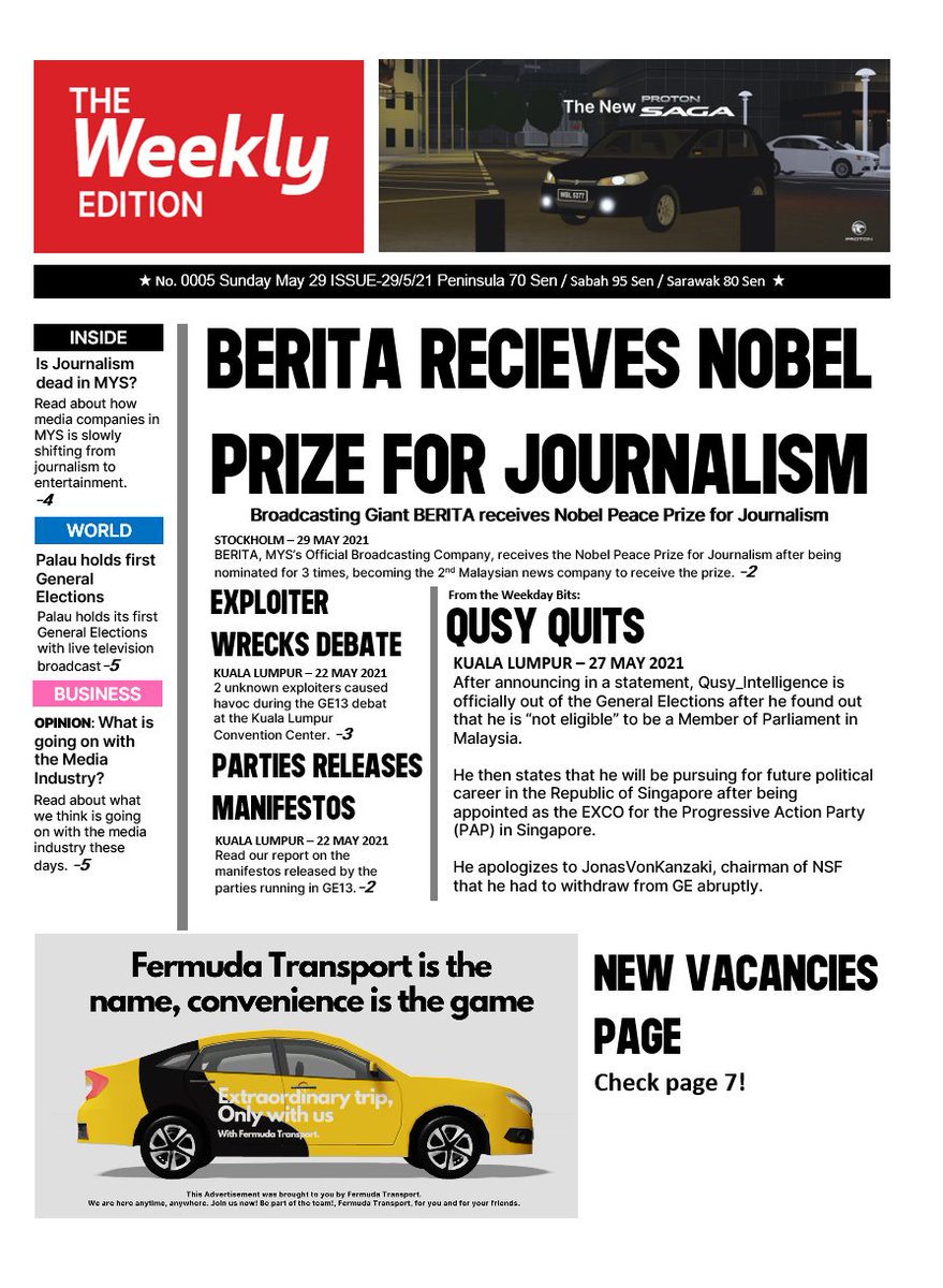 Sunday May 30's Frontpage (TWE)