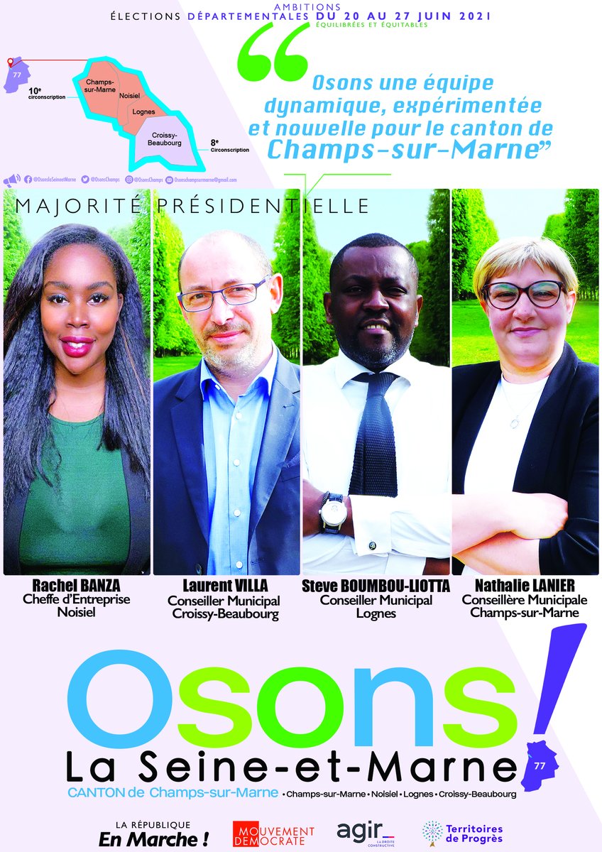 OsonsChamps's tweet photo. 🇫🇷 #ÉLECTIONSDÉPARTEMENTALES
des 20 et 27 juin 2021
🗣 Au service d’un projet fédérateur et d’un discours optimiste, ils savent pouvoir compter sur vous, et vous remercient pour les nombreuses marques de soutien que vous leur avez d’ores et déjà témoignés.
#OsonsLaSeineetMarne ! https://t.co/XIwBOhBeeo