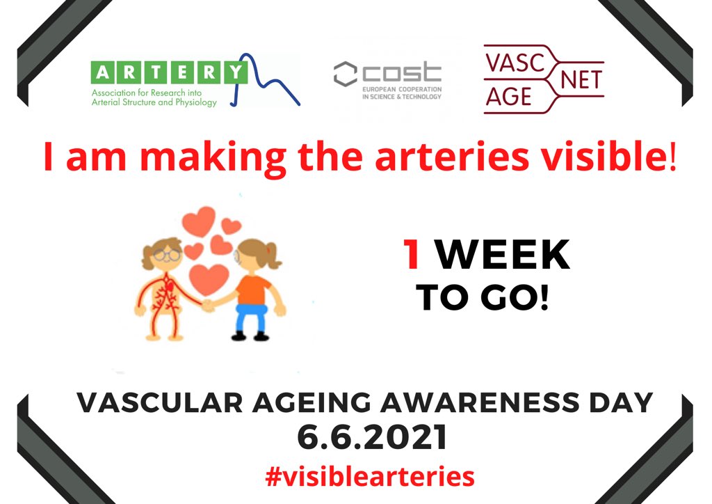 ArterySociety's tweet photo. 1 week today until the first Vascular Ageing Awareness Day! Help us to make the arteries visible. More information here 👉 https://t.co/WrQsDUoyGz  #vascularage21 #arteryawareness21 #visiblearteries #health #exercise #awareness #cardiotwitter #vasculartwitter https://t.co/rHf1i9GEWh