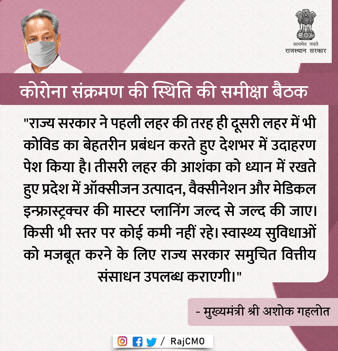 RajCMO's tweet photo. तीसरी लहर की आशंका को ध्यान में रखते हुए प्रदेश में ऑक्सीजन उत्पादन, वैक्सीनेशन और मेडिकल इन्फ्रास्ट्रक्चर की मास्टर प्लानिंग जल्द से जल्द की जाए: CM @ashokgehlot51 https://t.co/jiKdelxkA0