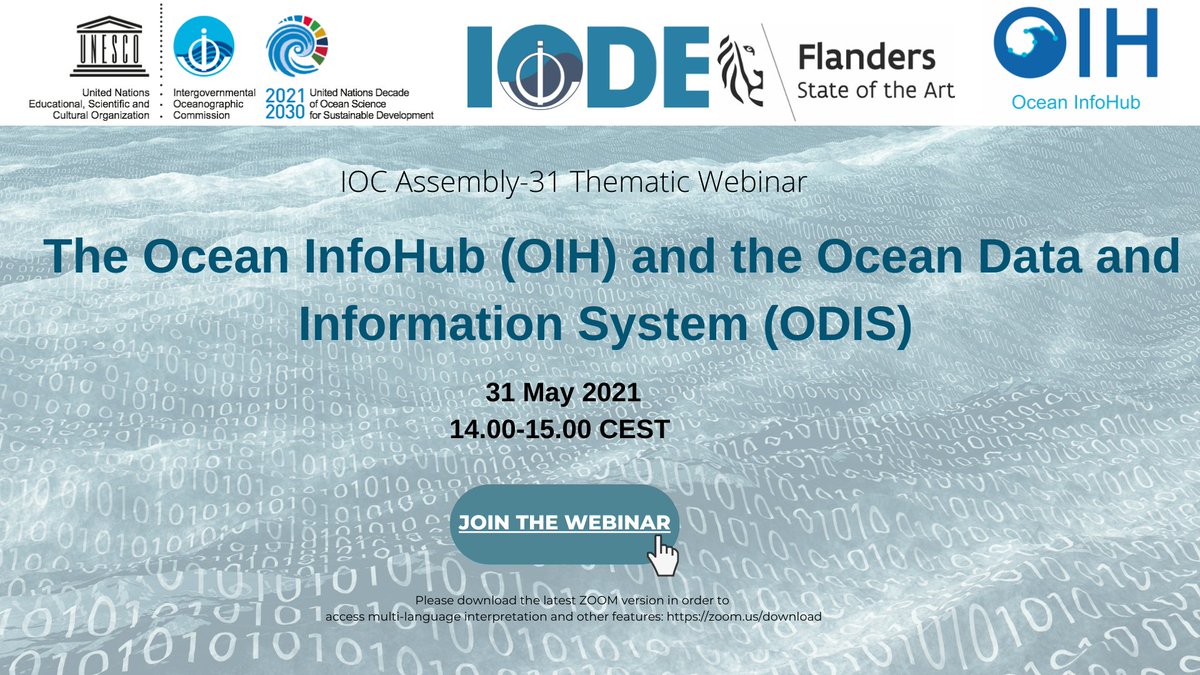 IocUnesco's tweet image. ✋Join the first IOC Assembly-31 (#IOC31) thematic webinar: “The Ocean InfoHub (OIH) and the Ocean Data and Information System (ODIS)”.
Come get an overview of the OIH Project and get a demonstration of the Ocean Data and Information System. Join here 👉zoom.us/j/93208493744