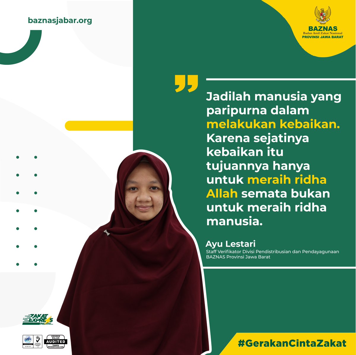 Kenalan lagi yuk dengan #amilbaznasjabar ! Kali ini ada teh Ayu Lestari, Staff Verifikator Divisi Pendistribusian dan Pendayagunaan BAZNAS Provinsi Jawa Barat

#baznasjabar #GerakanaCintaZakat #amilbaznasjabar