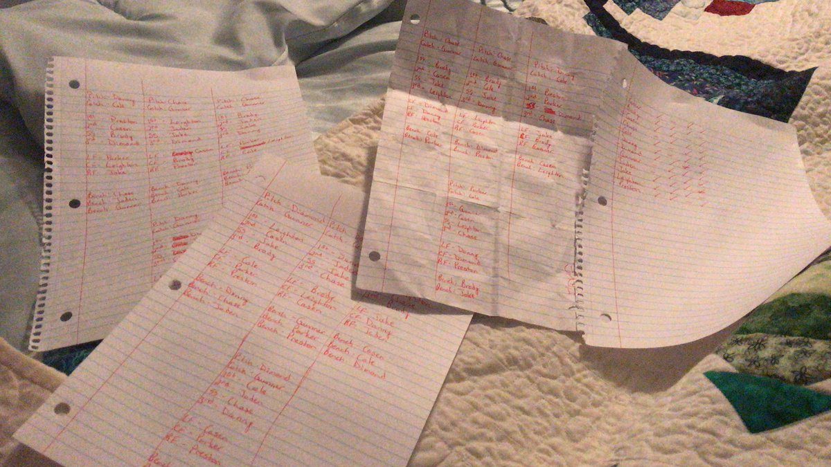 IT_guy8706's tweet photo. After midnight. Sitting in bed making baseball lineups for next week. 3 games in 3 days. Balancing rotations. 

Kids can pitch two days in a row max. No one sits for more than an inning. 

Tuesday ☑️
Wednesday ☑️
Thursday ❌ 

#SummerBaseball
#CoachingFun 
#OutlawsBaseball https://t.co/8y0UMSDpUS