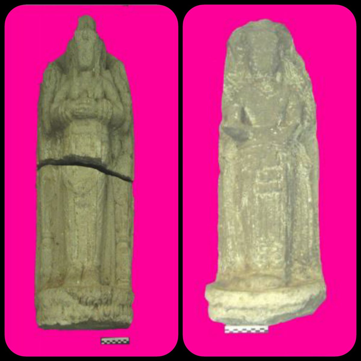 Arca sebelah kiri adalah Arca Dewi Parwati dengan tinggi keseluruhan mencapai 96 cm. Nah sebelah kanan ini tingginya 64 cm. Karena kondisi arca perwujudan sisi kanan sudah aus, jadi secara ikonografi tidak dapat dideskripsikan secara jelas.