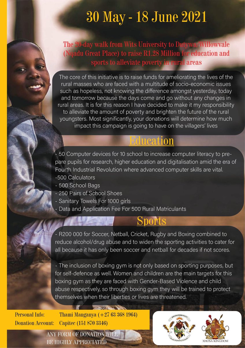 Matthew_Nijland's tweet photo. Please share @thami_manganya 's poster for his brave initiative far and wide! He needs support for raising the funds for #eduction and #sport resources for rural schools in the #EasternCape. He is a @WitsUniversity graduate helping his community back home! @WitsVuvuzela #TeamVuvu https://t.co/4vn9B059bU
