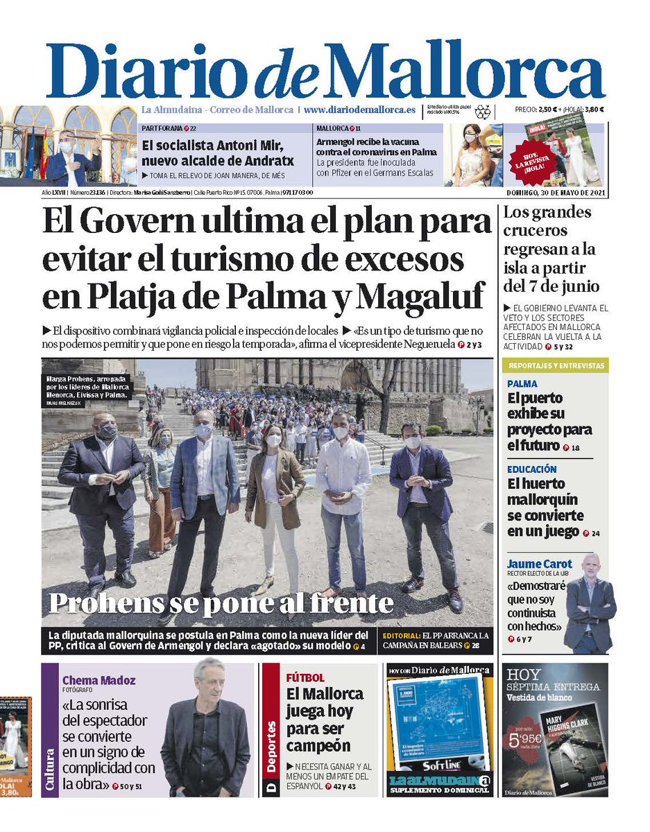Las portadas del domingo en Mallorca destacan que 4 okupas son condenados a 11 años por grupo criminal y que el Govern ultima un plan antiturismo de excesos en Platja de Palma y Magaluf.

Compra prensa local. Tú no puedes estar informado sin ellos. Ellos no pueden vivir sin ti.