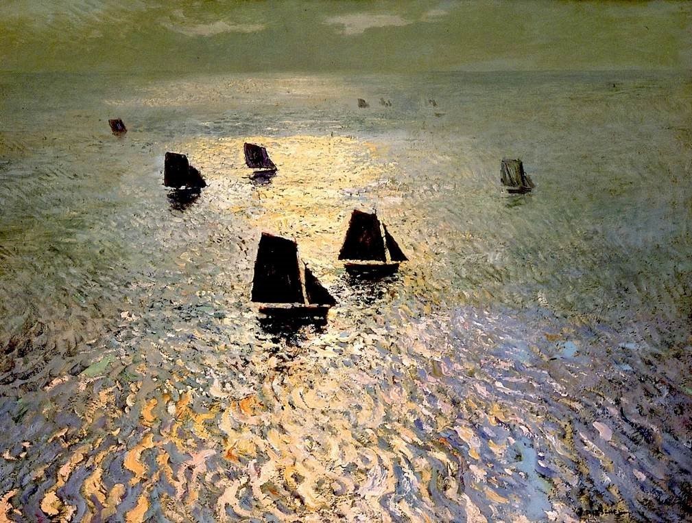 A painted ship upon a painted ocean ~ the sea turns to mercury in this luminous image of a fishing fleet by Californian impressionist William Ritschel (‘Boats Returning Home’ c 1915, Irvine Museum, Univ California)